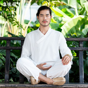 男装亚麻棉麻长袖t恤上衣，中国风朝休闲宽松两件白色瑜伽套装