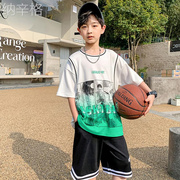 大中童男孩训练服运动套装儿童，篮球服男童夏季速干假两件短袖球衣