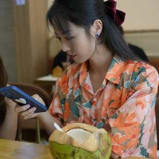 泰国马来西亚度假旅游花衬衫男女短袖情侣香港复古沙滩薄款花衬衣