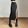 KLIOU 新中式复古盘扣开叉黑色半身裙女设计感褶皱显瘦包臀中长裙