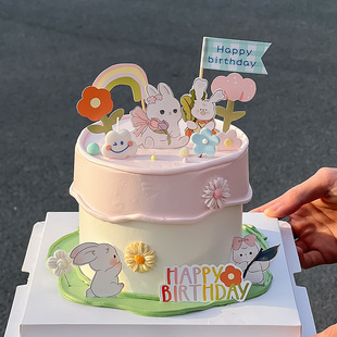 儿童生日蛋糕装饰品可爱小兔子卡通，插牌生日快乐韩式复古烘焙插件