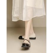 黑白拼色玛吉珍女鞋夏款小香风，浅口小皮鞋，平底百搭配裙子气质单鞋