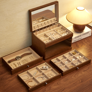 木质首饰盒高档精致珠宝盒大容量多层抽屉耳钉耳环项链饰品收纳盒