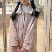 酱果自制粉色中长款娃娃领蕾丝花边木耳边毛呢外套呢子大衣女