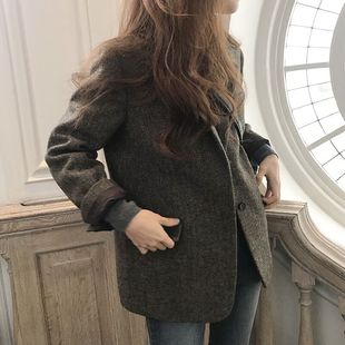 2023韩版休闲复古宽松羊毛，呢子西装外套，女秋冬短款小个子显瘦