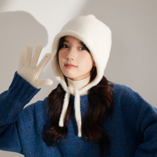 乳白色兔毛堆堆帽女生洋气，甜美绑带针织帽冬天防风，护耳保暖雷锋帽