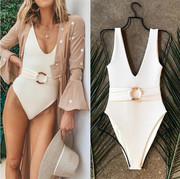 欧美连体泳衣沙滩纯色腰带琥珀圆环一体式泳装女士性感比基尼