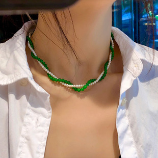 正圆澳白珍珠项链4mm小米珠锁骨链帝王绿翡翠，颈链双层气质项圈女