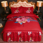 加厚纯棉婚庆四件套床裙式全棉磨毛床单中式新婚大红色2.0米