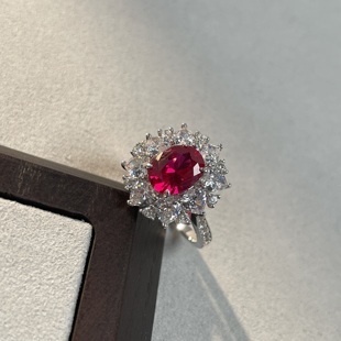 s925纯银鸽血红戒指，女红宝石培育高碳钻彩宝指环高级感饰品