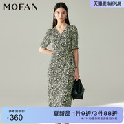 MOFAN摩凡时尚碎花雪纺茶歇裙女2024夏绿色花纹V领显瘦连衣裙