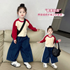 女童直筒牛仔裤春装，2024韩版时髦儿童深蓝色，阔腿长裤春季套装