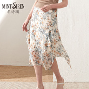 MintSiren夏季雪纺米杏不规则下摆半身裙飘逸轻薄印花中长裙