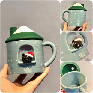 星巴克杯子韩国圣诞节猫咪黑猫雾霾蓝绿色马克杯带盖烟囱可放吸管