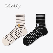 BellaLily条纹时尚潮袜女百搭透气中筒袜运动刺绣长袜