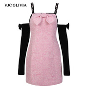 vjcolivia2023秋冬粉红吊带裙，小香风露肩，长袖短裙女装