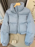 蓝色简约短款立领棉服女冬季2023年韩版加厚保暖面包服外套潮