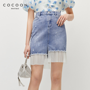 missCOCOON牛仔裙夏款设计感拼接蕾丝A字珍珠短款半身裙