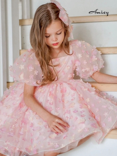 amicy公主裙女童，夏季粉色泡泡袖立体花朵礼服，儿童生日演出连衣裙