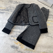 灰色小香风羽绒服套装女冬季2024拼接羊毛短外套半身裙两件套