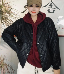 冬装2022女韩版宽松大码菱形压格单排扣加厚皮衣棉衣外套