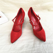 断码时尚细跟红色真皮职业女鞋水钻一字带扣婚鞋优雅单鞋
