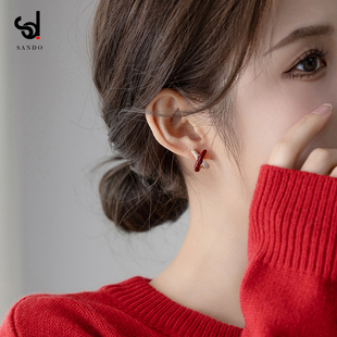x字母秋冬过年红色耳环，2023小众设计感高级气质耳饰女