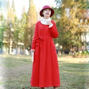 纯棉红色加绒高腰腰带冬季连衣裙女民族，风文艺宽松加厚打底长裙