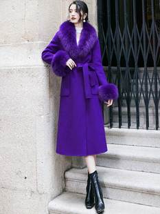 高贵紫色西装领双面羊绒大衣女，中长款真狐狸，毛领直筒复古毛呢外套
