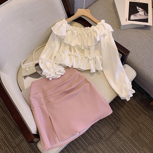 衬衫女夏仙气一字肩露肩衬衣，设计感荷叶边白色上衣+粉色短裙