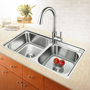 厨房304不锈钢水槽双槽套餐，一体成型加厚拉丝洗菜盆洗碗池304-不