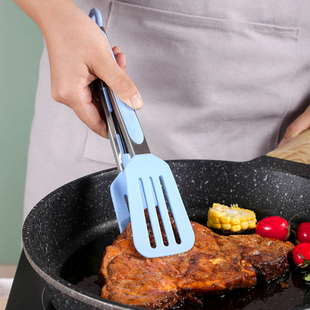 肯趣士多硅胶烧烤夹平头宽面食品级耐高温不锈钢厨房烹饪牛排烘焙