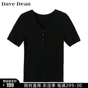 Dave Dean商场同款简约气质V领针织衫 短袖弹力上衣 10501