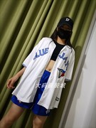 美职棒球服蓝鸟队刺绣开衫街舞hiphop半袖外套棒球团建男女款