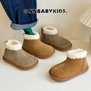 韩版羊羔毛儿童(毛儿童)加绒短靴，冬季男女童保暖毛毛，靴磨砂真皮宝宝二棉靴