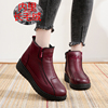 冬季老北京布鞋坡跟女靴，仿皮面短筒女靴子保暖防滑加厚底短靴红色