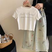 韩版女童套装2024洋气烫钻字母短袖T恤个性刺绣牛仔裤两件套
