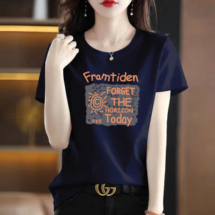 外贸品牌大牌时尚印花藏青色短袖T恤女网红半袖设计感上衣潮
