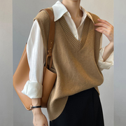 韩国春季V领羊绒背心女针织马甲外穿无袖毛衣中长款套头羊毛坎肩