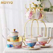 moyyo英式陶瓷玻璃花茶杯套装下午茶，茶具茶壶带过滤蜡烛加热家用