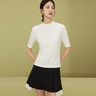 五分袖T恤女韩版半高领上衣内搭夏季白色简约半袖宽松打底衫