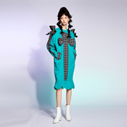 SUNGDO GIN2021A/W设计师孔雀蓝色拼格纹蝴蝶结宽松连衣裙