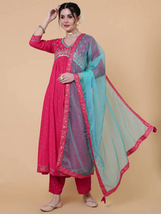 2024印度进口民族风裙子套装绵绸刺绣长款3件套女装 玫红色