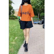 2023阔腿字母宽松时尚短裤橘色夏季女黑色T恤