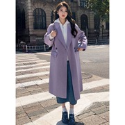 紫色双面羊绒大衣女2023年秋冬韩版宽松中长款赫本羊毛呢外套
