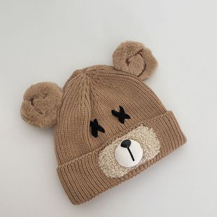 宝宝帽子秋冬季可爱小熊婴儿毛线，套头帽保暖针织，男女童护耳帽超萌