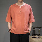 中国风棉麻短袖T恤男宽松中式条纹上衣夏季民族居士茶禅汉服唐装