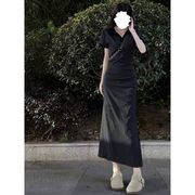 法式polo领连衣裙女2023夏季收腰显瘦开叉抽绳包臀长裙