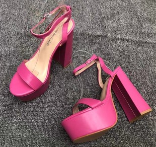 一字带粗跟凉鞋粉红色，超高跟14cm夜场，性感欧美风防水台简约时尚