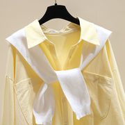 直供两件套披肩白色衬衫女2023春秋版宽松黄色衬衣休闲长袖上